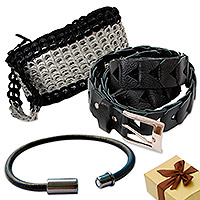 Curated gift set, 'Modern Black' - Curated Gift Set with Black Wristlet Leather Belt & Bracelet