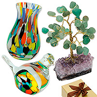 Set de regalo seleccionado, 'Colores vibrantes': jarrón de vidrio soplado con forma de árbol de cuarzo y juego de regalo seleccionado con pisapapeles