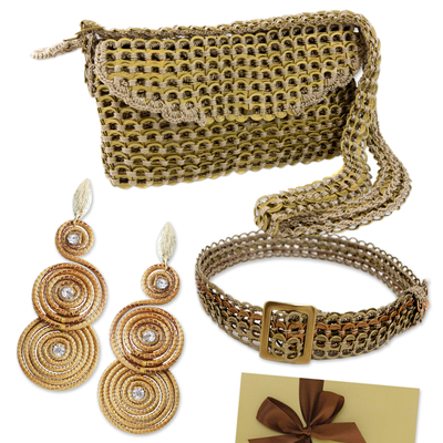 Curated gift set, 'Woman in Gold' - Curated Gift Set with Earrings and Soda Pop Top Bag & Belt