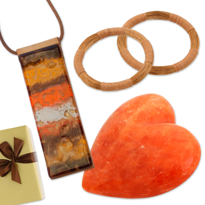 Curated gift set, 'Orange Passion' - Orange Sculpture Necklace and 2 Bracelets Curated Gift Set