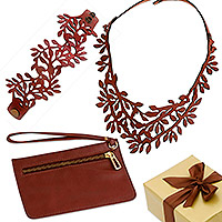 Kuratiertes Geschenkset „Luxuriöses Leder“ – Kuratiertes Geschenkset mit brauner Lederhalskette, Armband und Armband