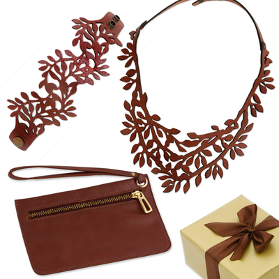 Curated gift set, 'Luxurious Leather' - Brown Leather Necklace Bracelet & Wristlet Curated Gift Set