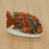 Calcite statuette, 'Confident Sea' - Hand-Carved Orange and White Calcite Fish Statuette