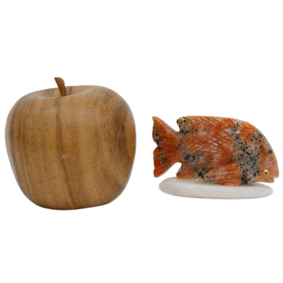 Estatuilla de calcita - Estatuilla de pez de calcita blanca y naranja tallada a mano
