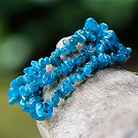 Apatite beaded stretch bracelet, 'Oceanic Ridge' - Natural Blue Apatite Beaded Stretch Bracelet from Brazil