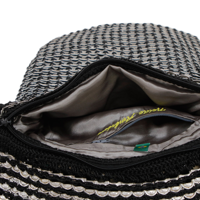 Soda pop top sling bag, 'Silvery Elegance' - Handcrafted Black and Silver Soda Pop-Top Sling Bag