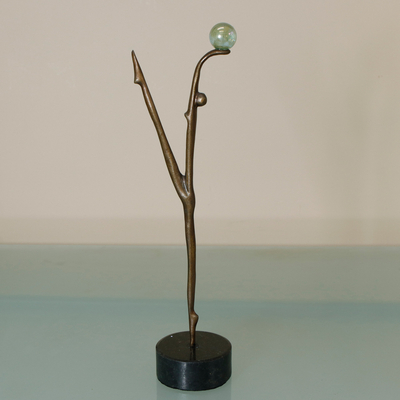 Bronze sculpture, 'Axis' - Oxidized Bronze Fine Art Sculpture with a Glass Orb