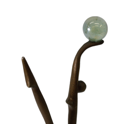 Bronze sculpture, 'Axis' - Oxidized Bronze Fine Art Sculpture with a Glass Orb