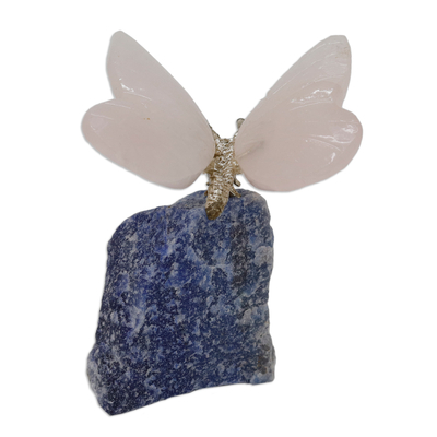 Quarz-Figur, 'Mystischer Schmetterling' - Rose und blauer Quarz Schmetterling Figur aus Brasilien