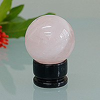 Rose quartz sphere, 'Healing Dimension' - Handcrafted Natural Rose Quartz Sphere with Pinewood Stand