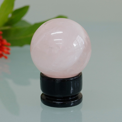 Esfera de cuarzo rosa - Esfera de cuarzo rosa natural hecha a mano con soporte de madera de pino
