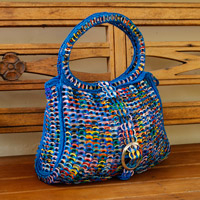Recycled soda pop-top handbag, 'Eco-Deity in Blue'