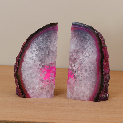 Agate bookends, 'Precious Readings' (pair) - Pair of Pink Agate Geode Bookends Handcrafted in Brazil