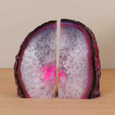 Agate bookends, 'Precious Readings' (pair) - Pair of Pink Agate Geode Bookends Handcrafted in Brazil