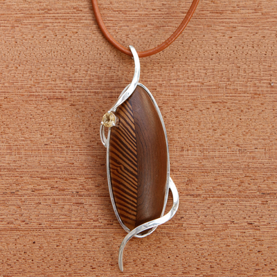 Citrine and wood pendant necklace, 'Forest's Victory' - Leafy Wood and One-Carat Citrine Pendant Necklace