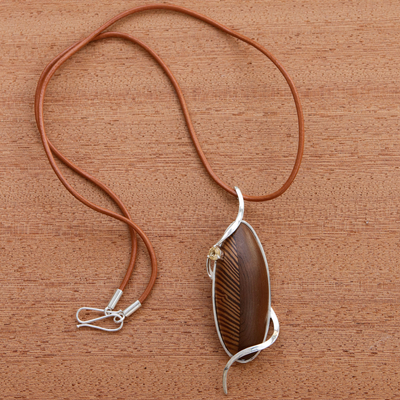 Citrine and wood pendant necklace, 'Forest's Victory' - Leafy Wood and One-Carat Citrine Pendant Necklace