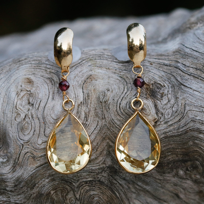 Gold-plated citrine and garnet dangle earrings, 'Yellow Springtime' - Gold-Plated Dangle Earrings with Citrine and Garnet Stones