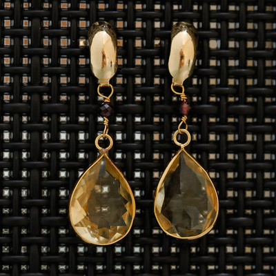 Gold-plated citrine and garnet dangle earrings, 'Yellow Springtime' - Gold-Plated Dangle Earrings with Citrine and Garnet Stones