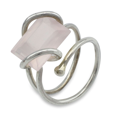 Rose quartz cocktail ring, 'I Love You' - Fine Silver and Rose Quartz Wrap Ring