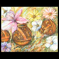 'Daydream' - Pintura de bodegones florales en acrílico colorido sobre lienzo