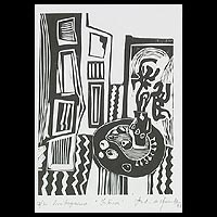'Interior' - Signed Numbered B&W Linocut Print of an Artist Studio