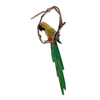 Wood sculpture, 'Green and Yellow Brazilian Macaw' - Wood sculpture