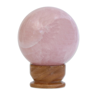 Rose quartz sculpture, 'Love Crystal Ball (3.3 Inch) - Petite Rose Quartz Crystal Ball Sculpture with Wood Stand
