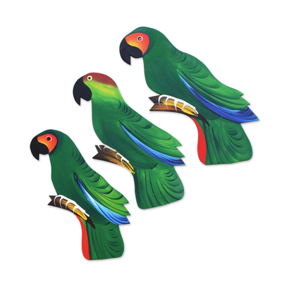 Wood wall adornments, 'Amazon Parrots' (set of 3) - Wood wall adornments (Set of 3)