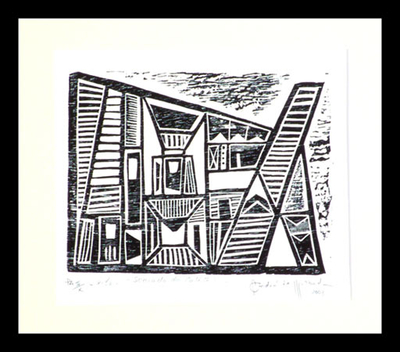 'House in Catete' - Rio Cityscape House in Catete Woodcut Print