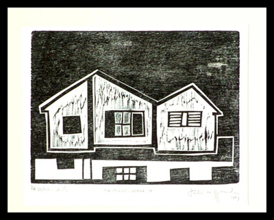 „Nachts zu verkaufen“. - Unterzeichnet Ltd. Ed. Moderner Haus-Holzschnitt-Druck