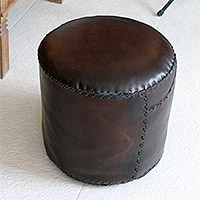 Leather ottoman cover, 'Litoral Coffee'