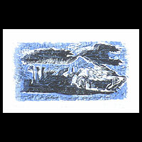 'Paisaje' - Grabado en madera de paisaje de montaña en azul y negro
