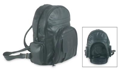 Lederrucksack mit mehreren Taschen, (schwarz) - Lederrucksack mit mehreren Taschen