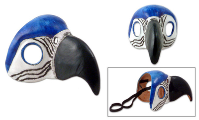 Máscara de cuero, 'Blue Macaw' - Máscara de pájaro del Carnaval brasileño hecha a mano