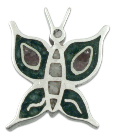 Rubelite and fuchsite pendant, 'Lucky Butterfly' - Rubelite and fuchsite pendant