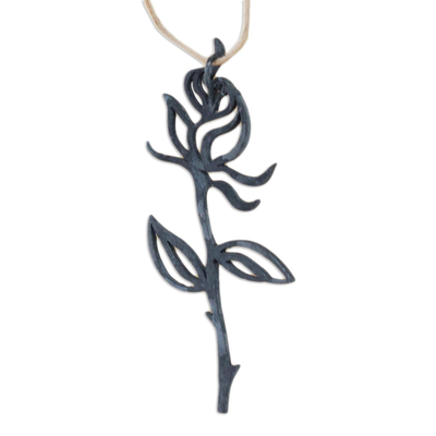 Leather necklace, 'Rose Exotica' - Floral Leather and Silver Necklace