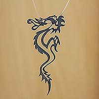 Leather necklace, 'Dragon Fantasy' - Corded Sterling Dragon Fair Trade Necklace from Brazil 