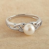 Cultured pearl cocktail ring, 'Celtic Tradition' - Celtic Pearl Ring
