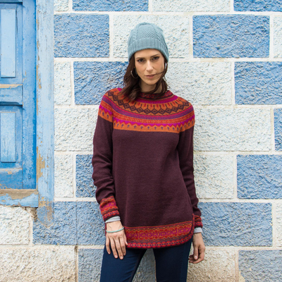 100% alpaca sweater, 'Plum Paradise' - Women's Art Knit Alpaca Pullover Sweater from Peru