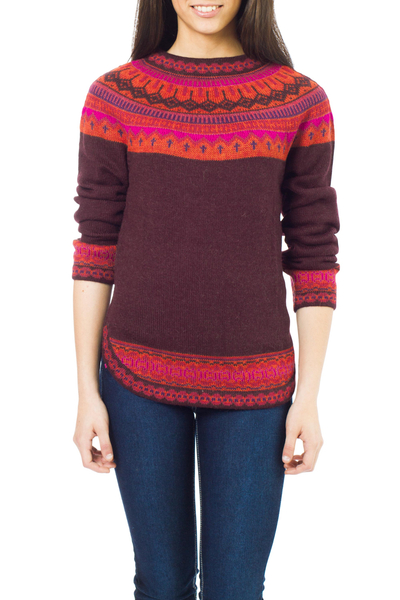 100% alpaca sweater, 'Plum Paradise' - Women's Art Knit Alpaca Pullover Sweater from Peru