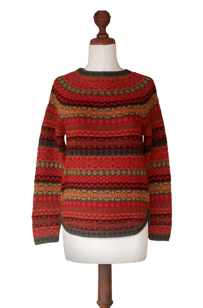100% alpaca sweater, 'Scarlet Medley' - Geometric Alpaca Wool Art Knit Pullover Sweater