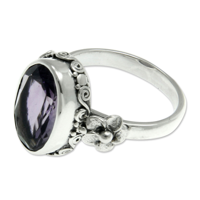 Amethyst solitaire ring, 'Frangipani Allure' - Handcrafted Floral Sterling Silver and Amethyst Ring