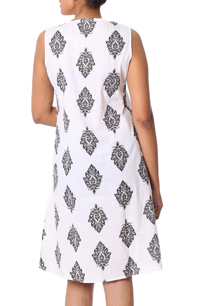 Cotton shift dress, 'Black Leaves' - Cotton Leaf Motif Embroidered Dress from India