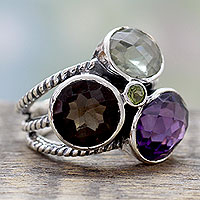 Anillo de cóctel con múltiples piedras preciosas - Impresionante anillo de cóctel de plata con piedras preciosas de 10,5 quilates