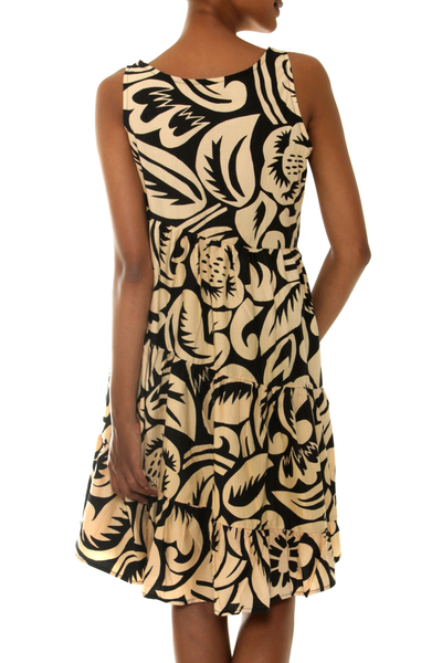 Batik cotton dress, 'Balinese Shadow' - Batik Cotton Knee Length Dress with Diagonal Ruffles
