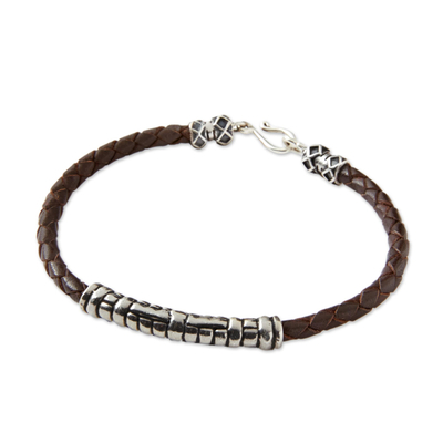 Sterling silver and leather bracelet, 'Java Groove' - Silver and Braided Leather Bracelet