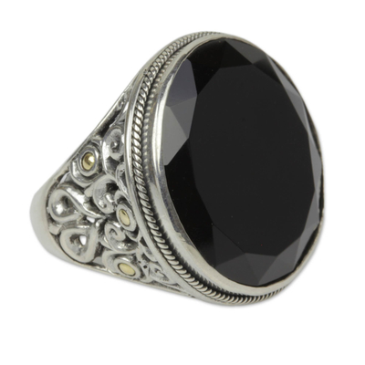 Men's gold accent onyx ring, 'Black Star' - Men's Onyx Silver Ring with 18k Gold Accents