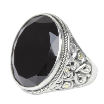 Men's gold accent onyx ring, 'Black Star' - Men's Onyx Silver Ring with 18k Gold Accents