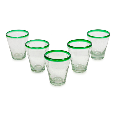 Blown glass juice glasses, 'Emerald Cone' (set of 5) - Hand Blown Juice Glasses Clear with Green Rim 9 Oz Mexico