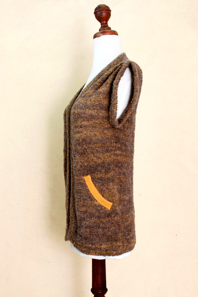 Alpaca blend cardigan vest, 'Brown Boucle' - Andean Baby Alpaca Blend Boucle Short Sleeve Brown Sweater